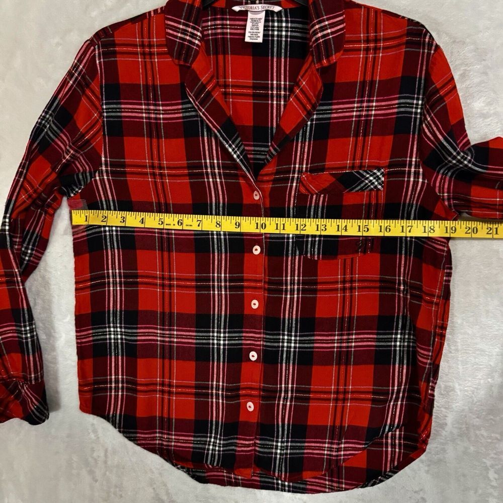 Victoria's Secret Flannel Pajama Set Size XS Red Gold Long Sleeve Pants Pockets - Picture 9 of 16